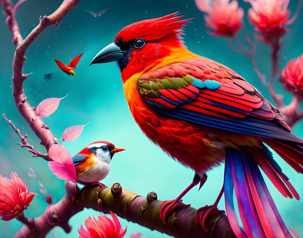 Colorful illustration of red cardinal perched on branch with blossoms and flying bird