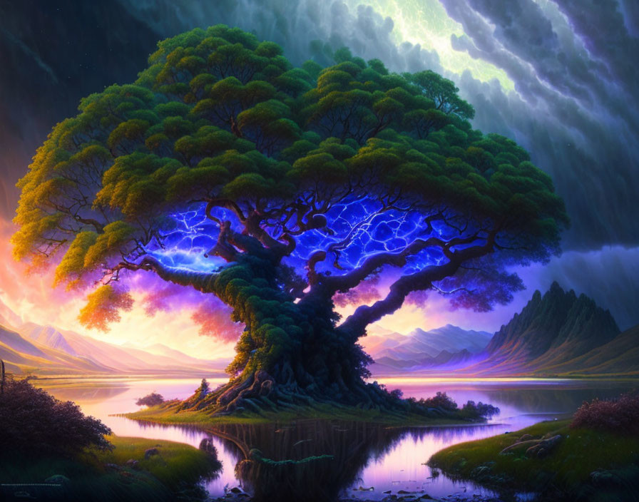 Majestic tree with vibrant blue canopy against scenic landscape