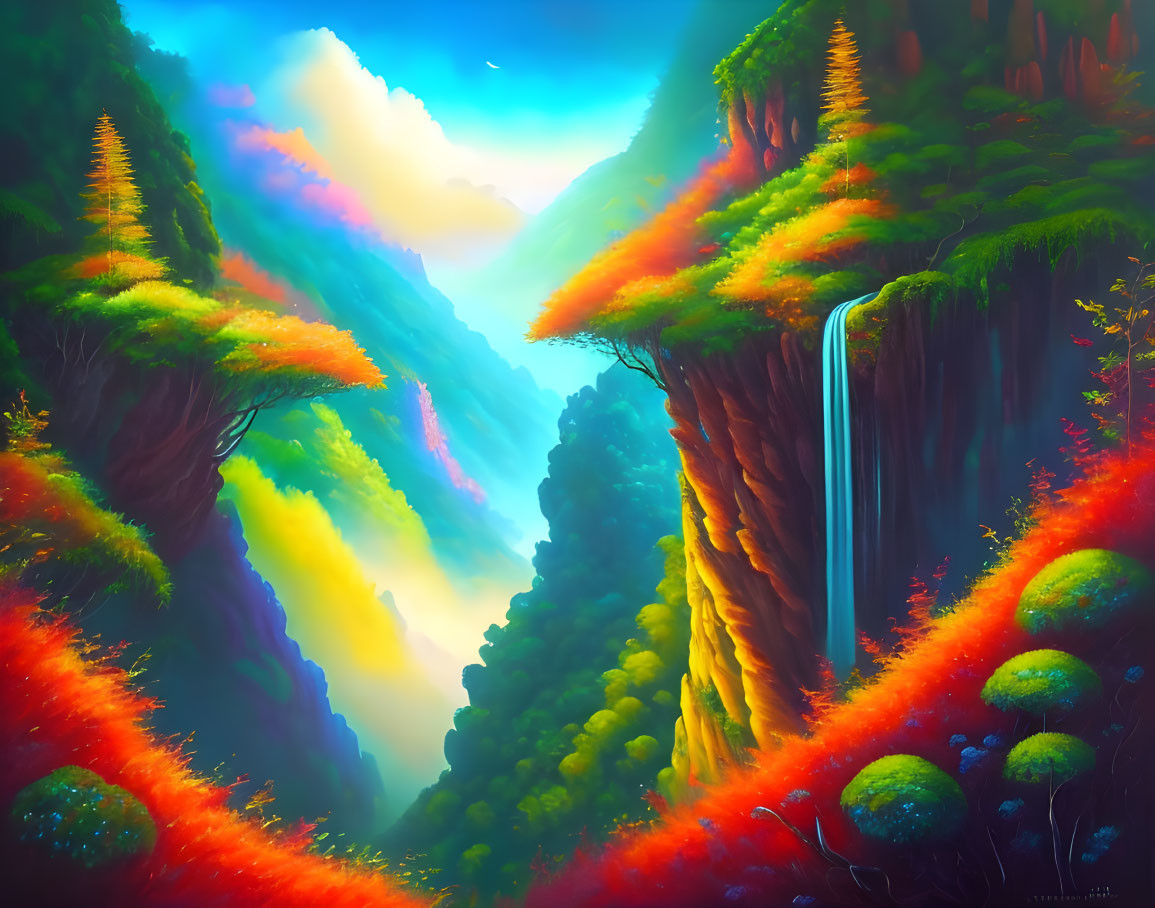 Colorful fantasy landscape with waterfall and mystical light