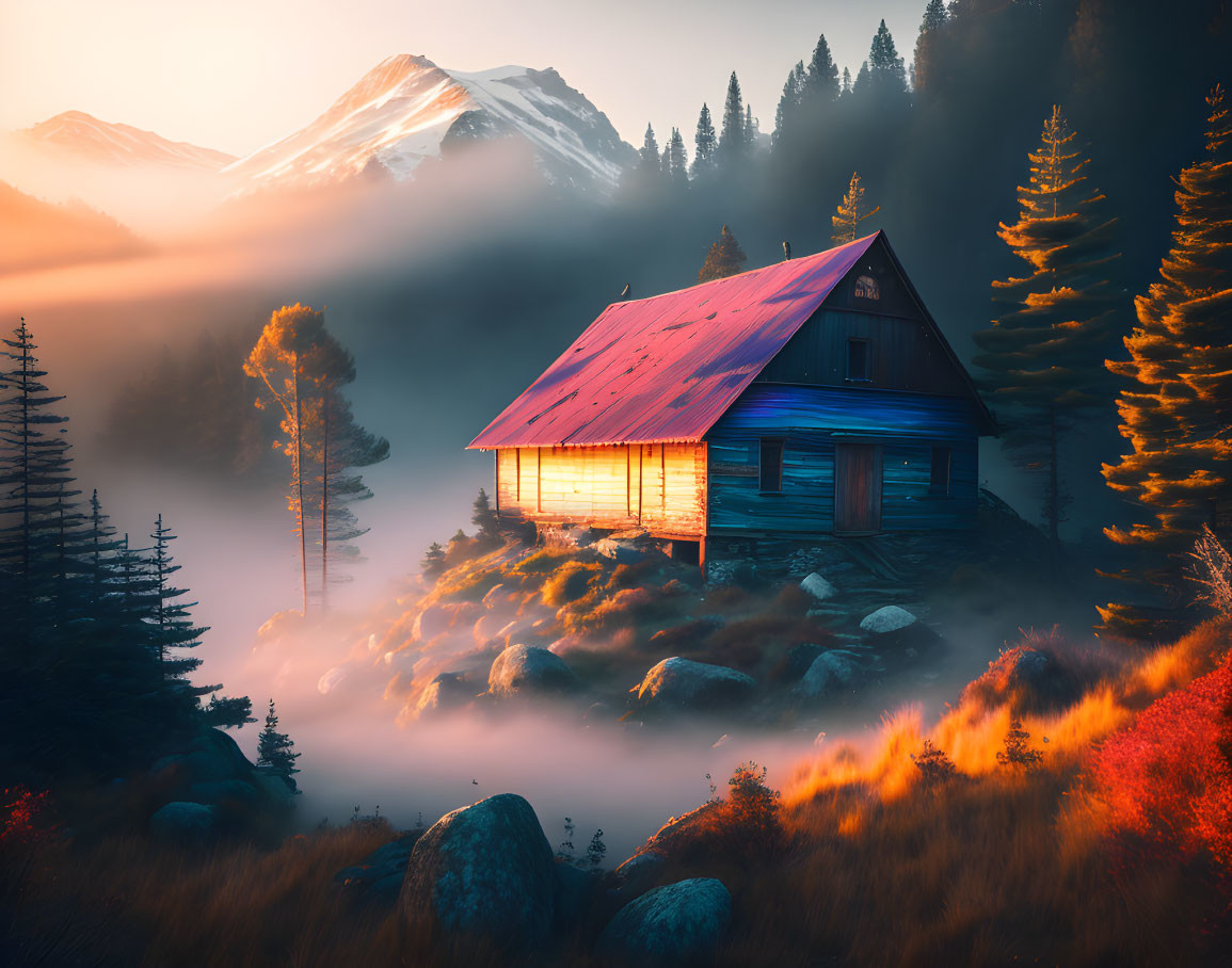 Misty forest dawn with glowing cabin, red foliage, and snow-capped mountains