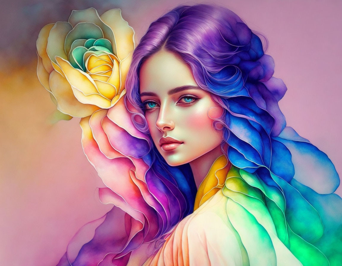 Colorful digital portrait of woman with multicolored hair and yellow rose