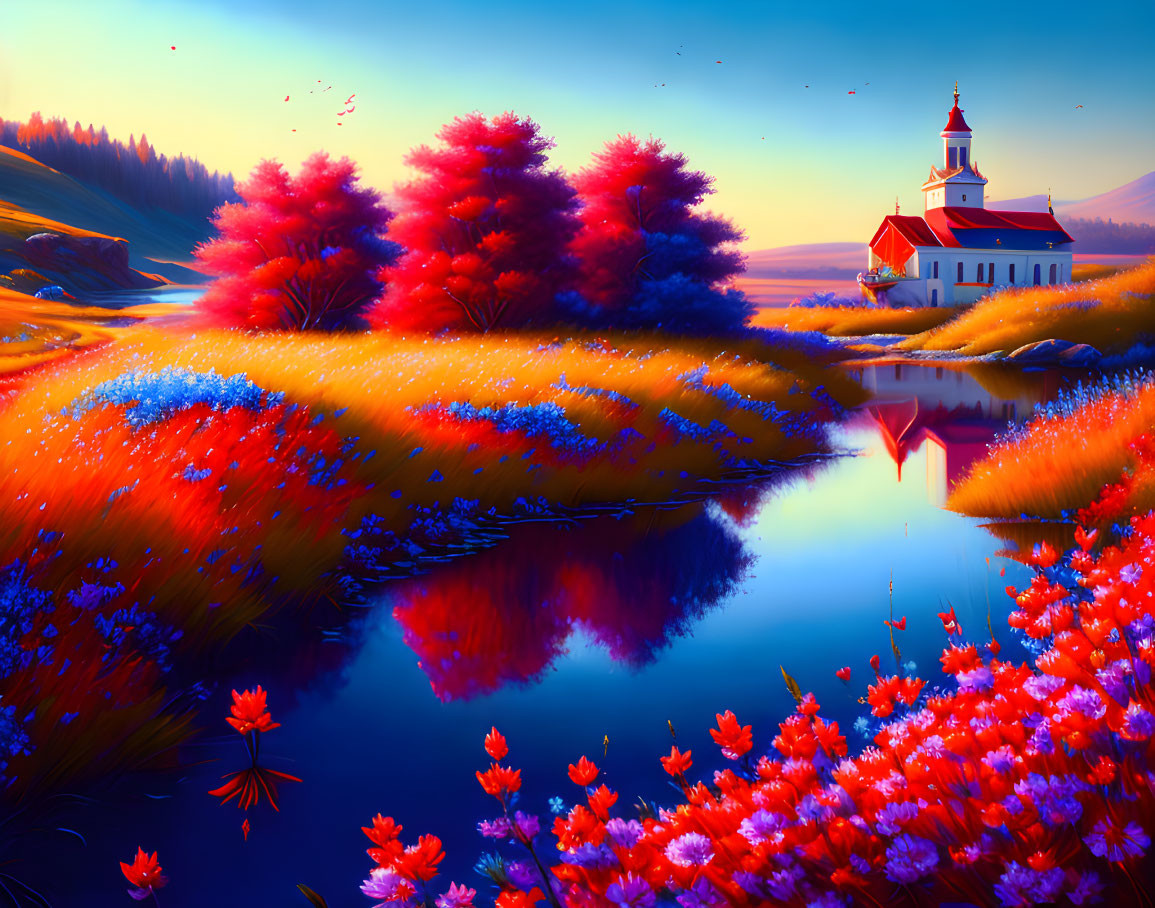 Scenic landscape with red-topped lighthouse by lake, colorful fields, sunset sky