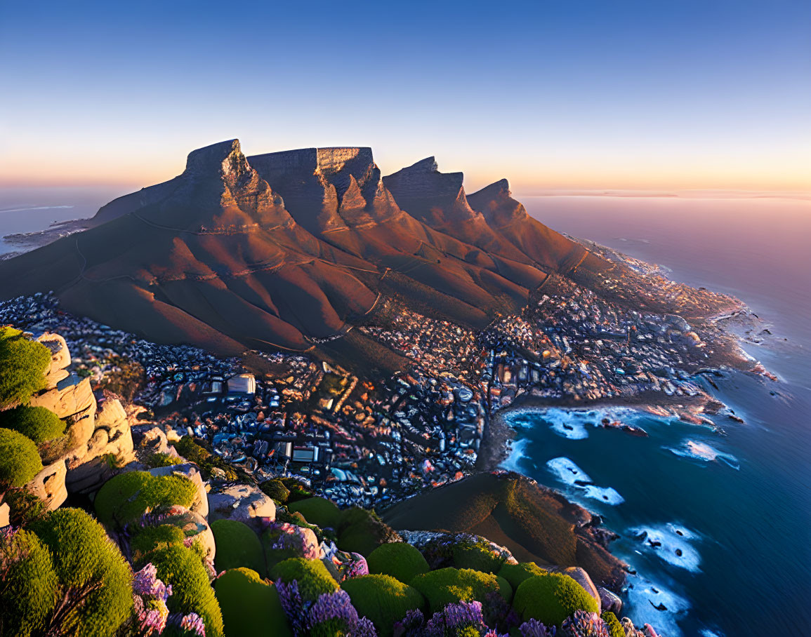 Scenic sunset view of Table Mountain with cityscape, ocean, and vibrant flowers.