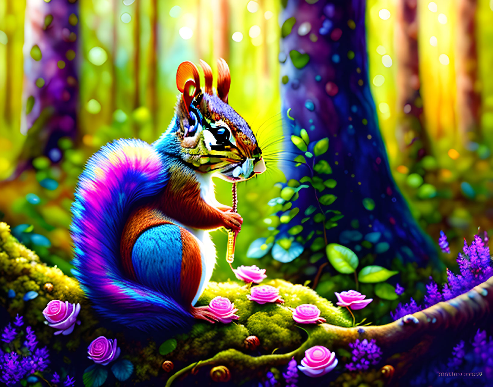 Colorful whimsical illustration of squirrel with blue tail and pearls in enchanted forest