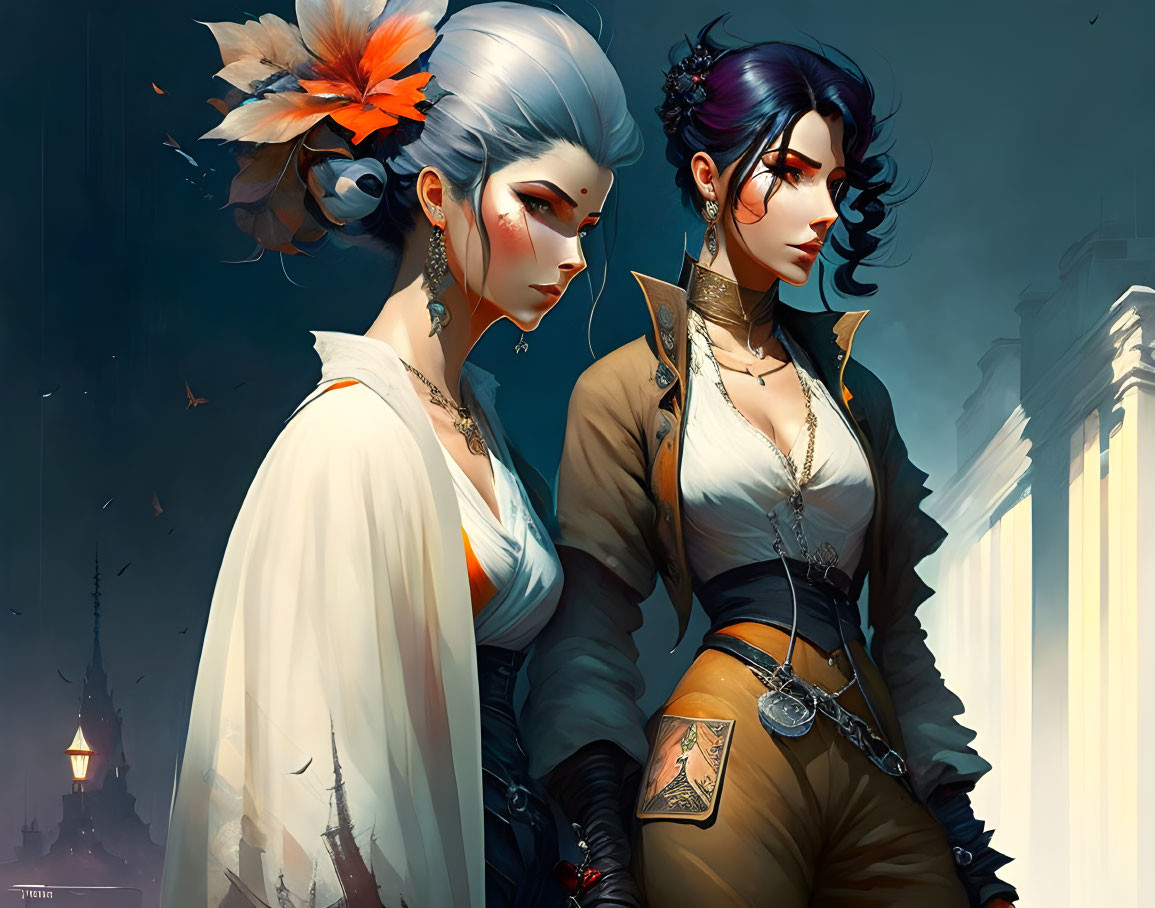 Stylized female characters with intricate tattoos and colorful hair and clothing