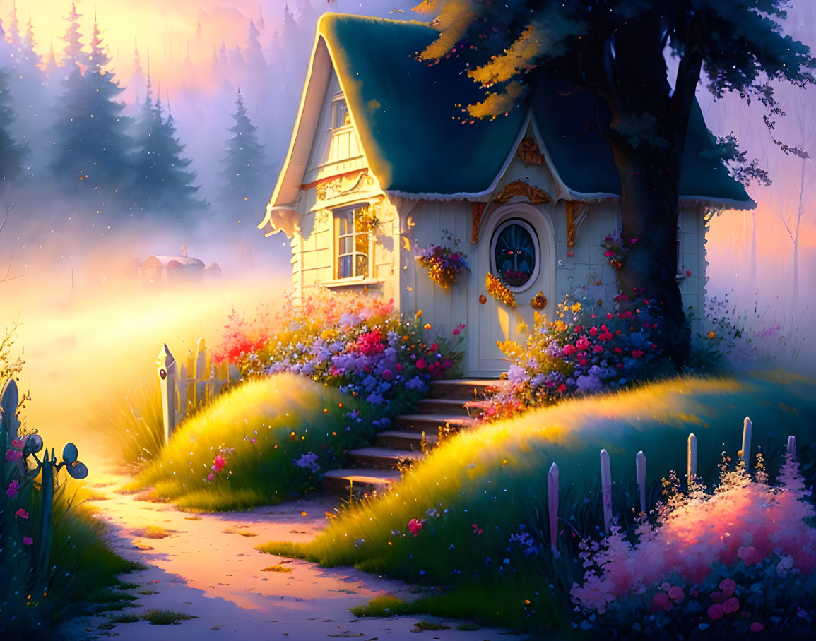 Cozy cottage surrounded by colorful flowers and misty forest at twilight