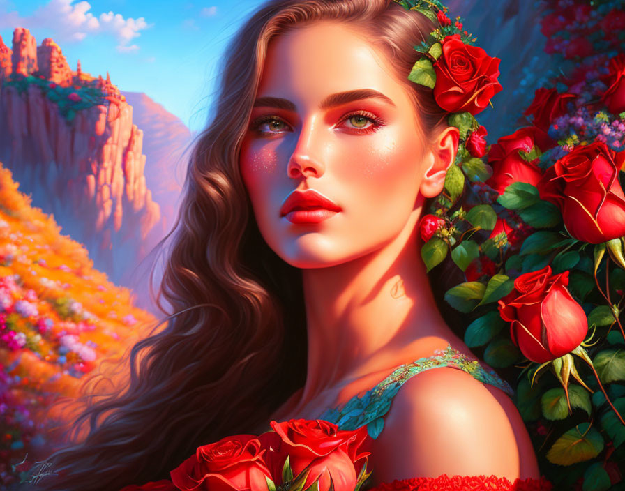 Digital Artwork: Woman with Flowing Hair and Red Roses in Vibrant Landscape