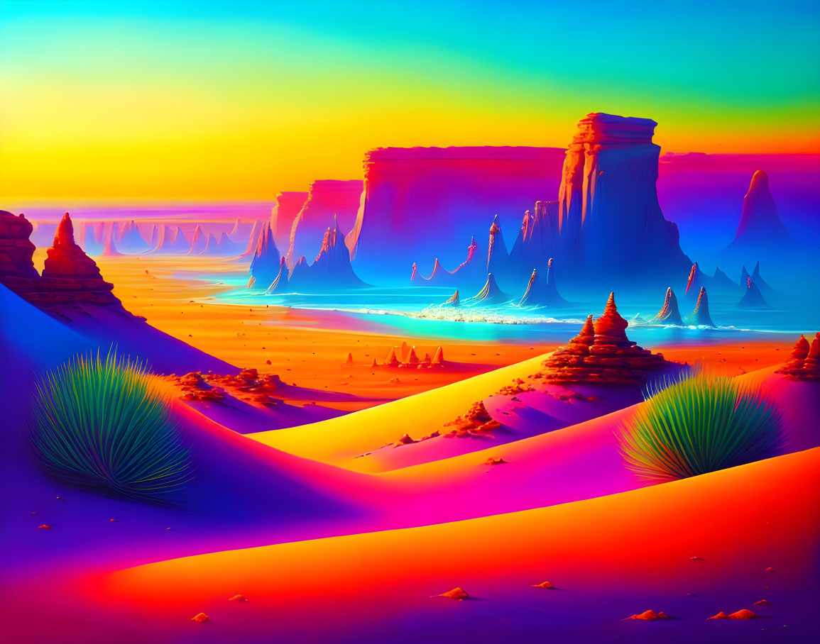 Colorful surreal desert landscape with towering rock formations and vivid dunes.