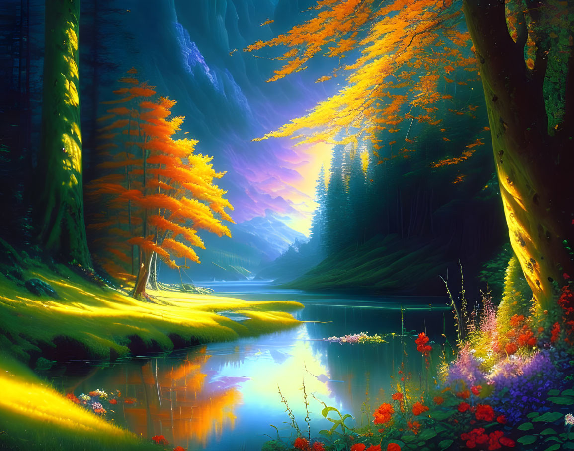 Vibrant forest scene with illuminated river and autumn trees