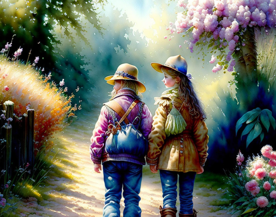 Children walking on sunlit path surrounded by lush greenery and blooming flowers