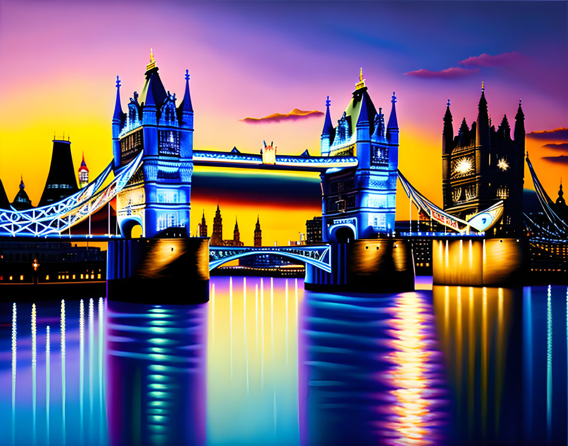 Stylized image of Tower Bridge at sunset with colorful sky and silhouetted buildings