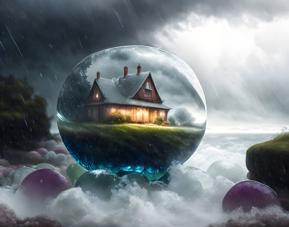 House in Bubble Surrounded by Orbs in Stormy Sky