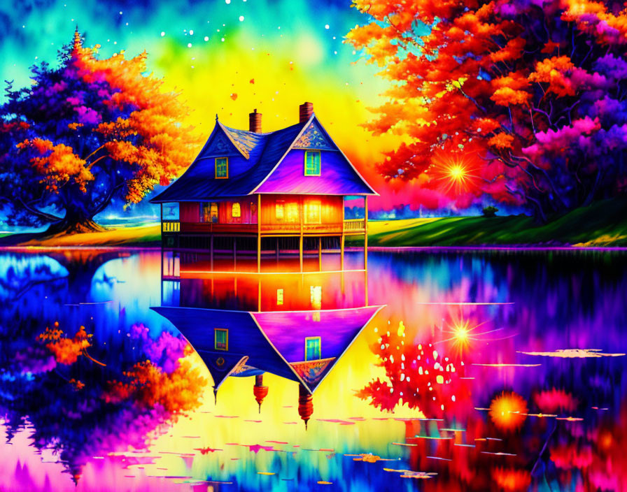 Colorful sunset painting of blue house by lake with vibrant trees and radiant sky