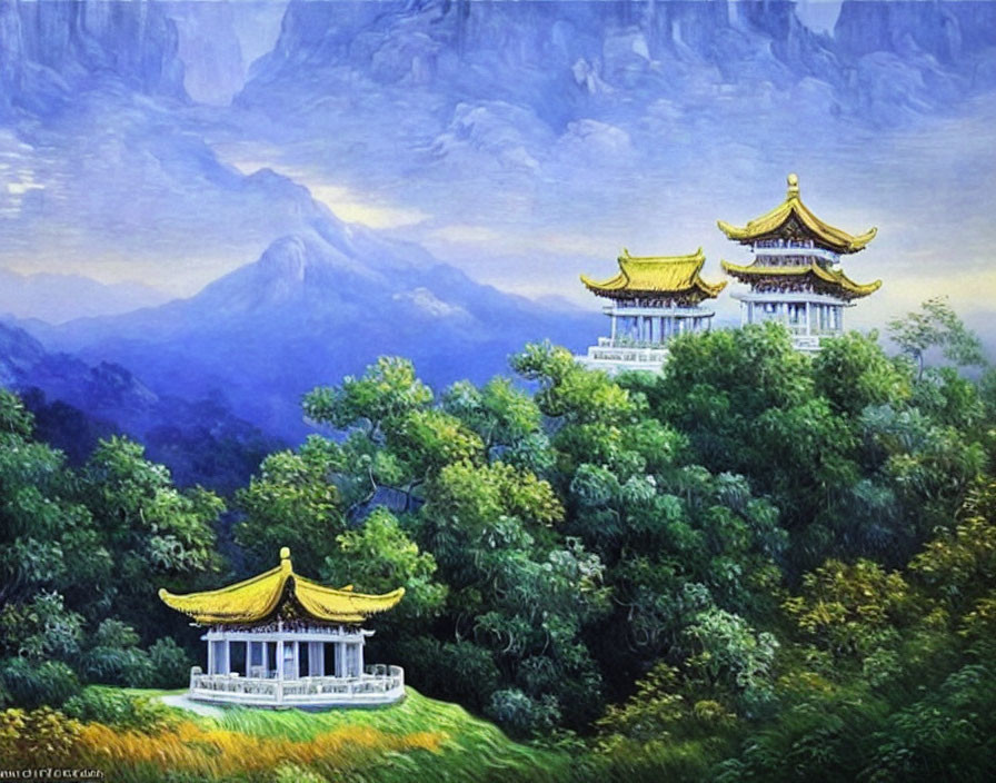 Tranquil Asian landscape with pagodas, lush greenery, and mountains