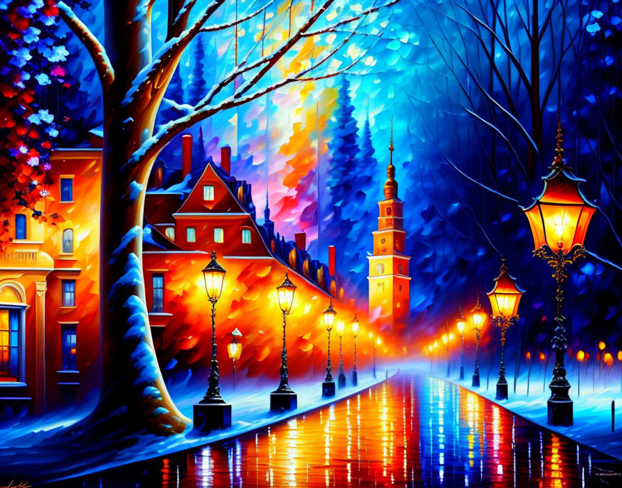 Colorful Night Street Painting with Snow, Lamp Posts, and Starry Sky