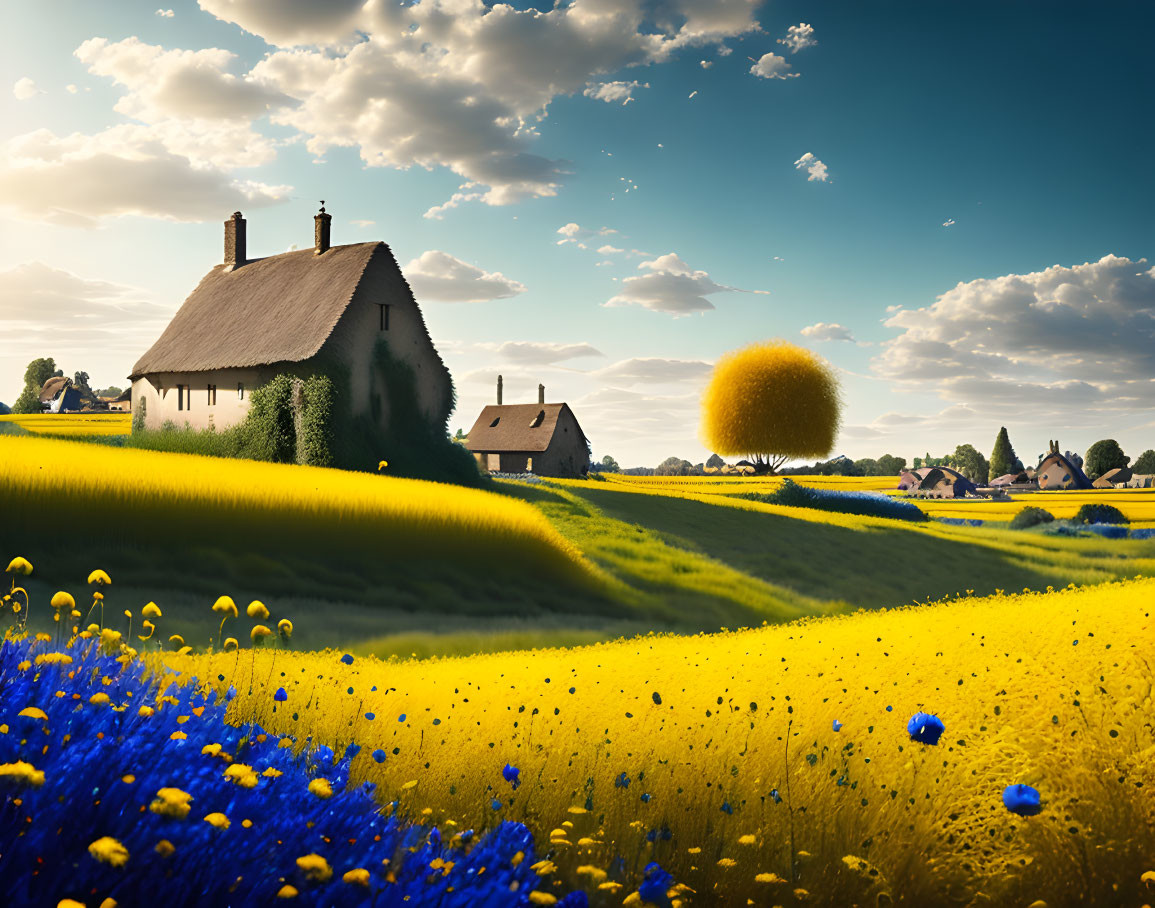 Rural landscape with thatched-roof cottages and wildflowers