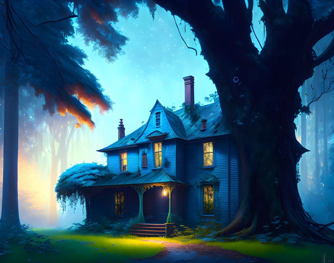 Tranquil digital art: Two-story blue house in mystical forest