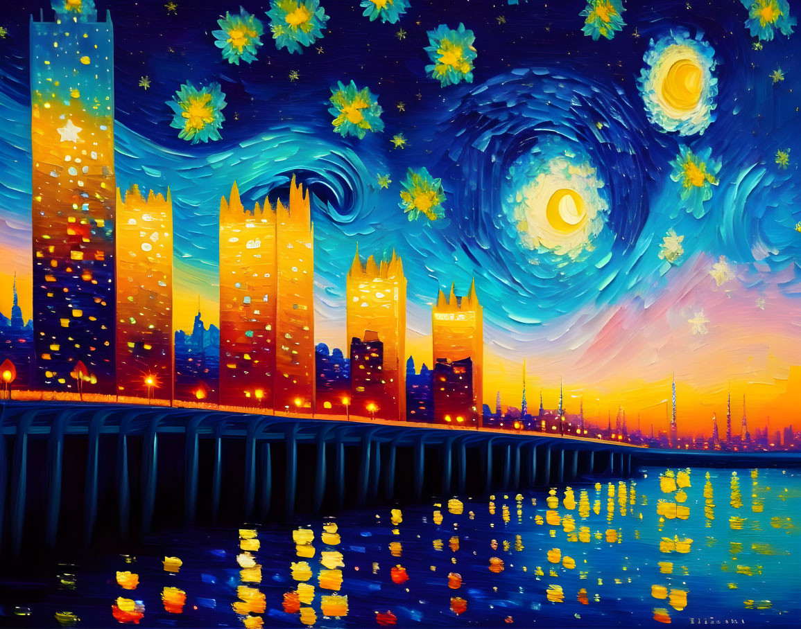 Cityscape Painting: Modern skyline with Van Gogh's Starry Night elements