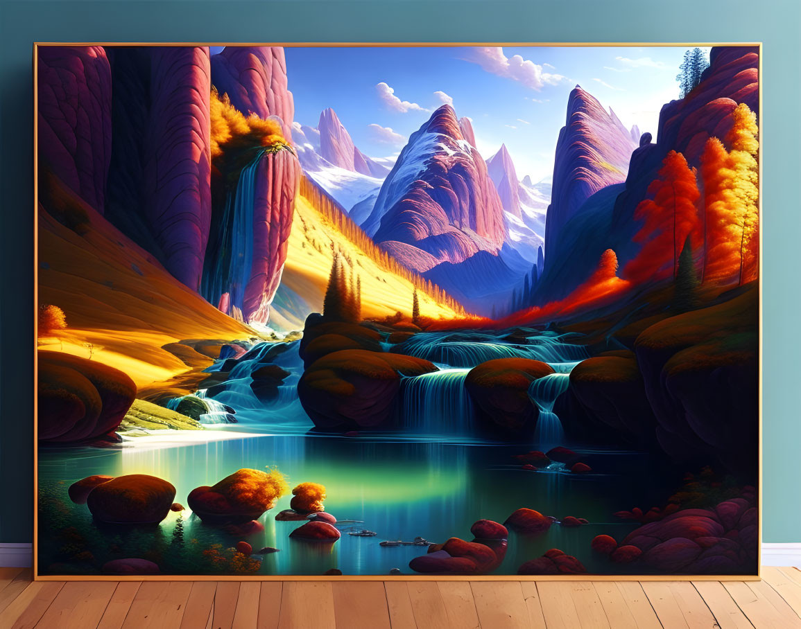 Fantastical landscape with towering rocks, river, foliage, and light interplay