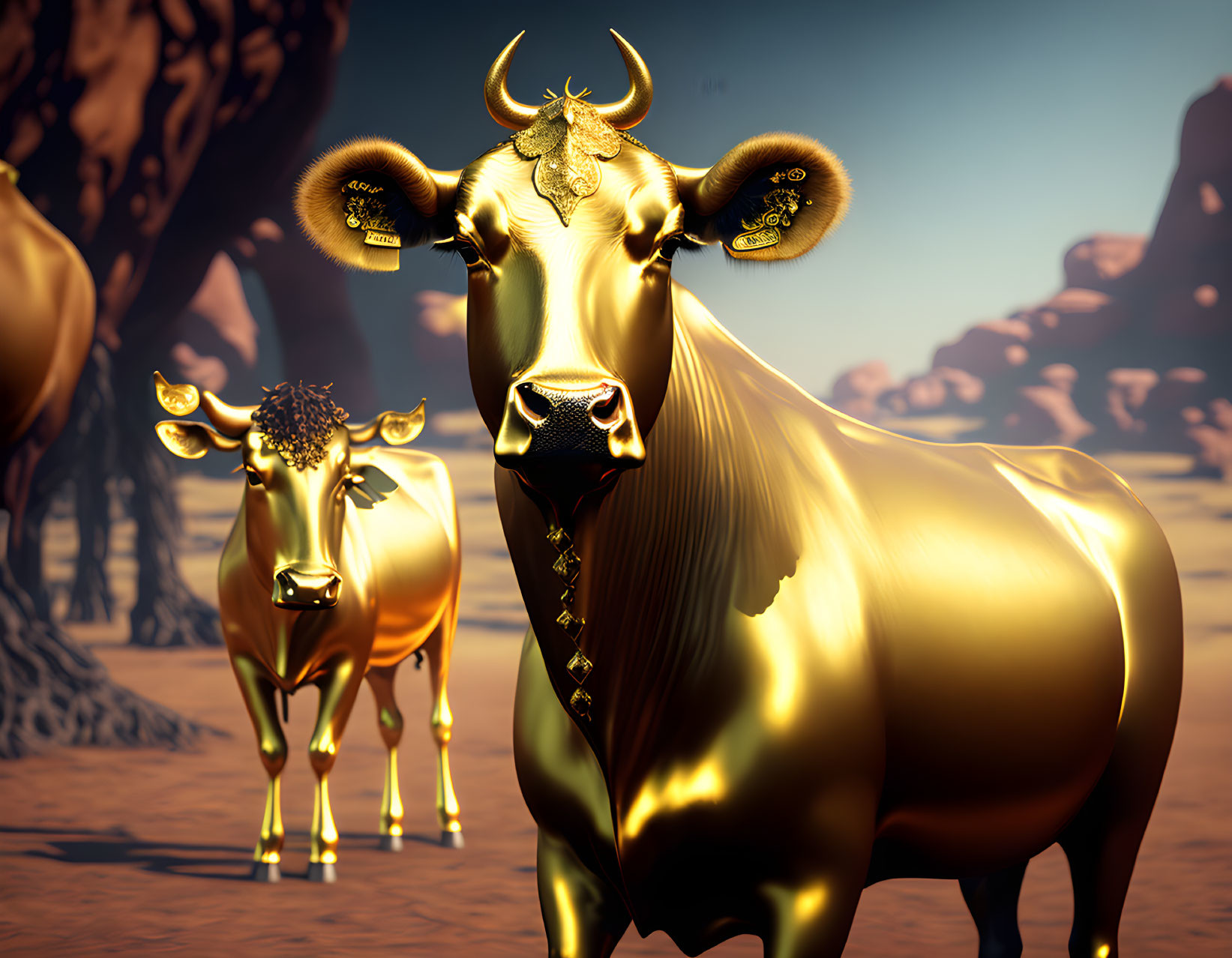 Intricately designed golden bulls in desert landscape