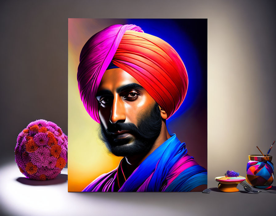 Colorful Turbaned Man Artwork with Flower Ball and Powder Bowl