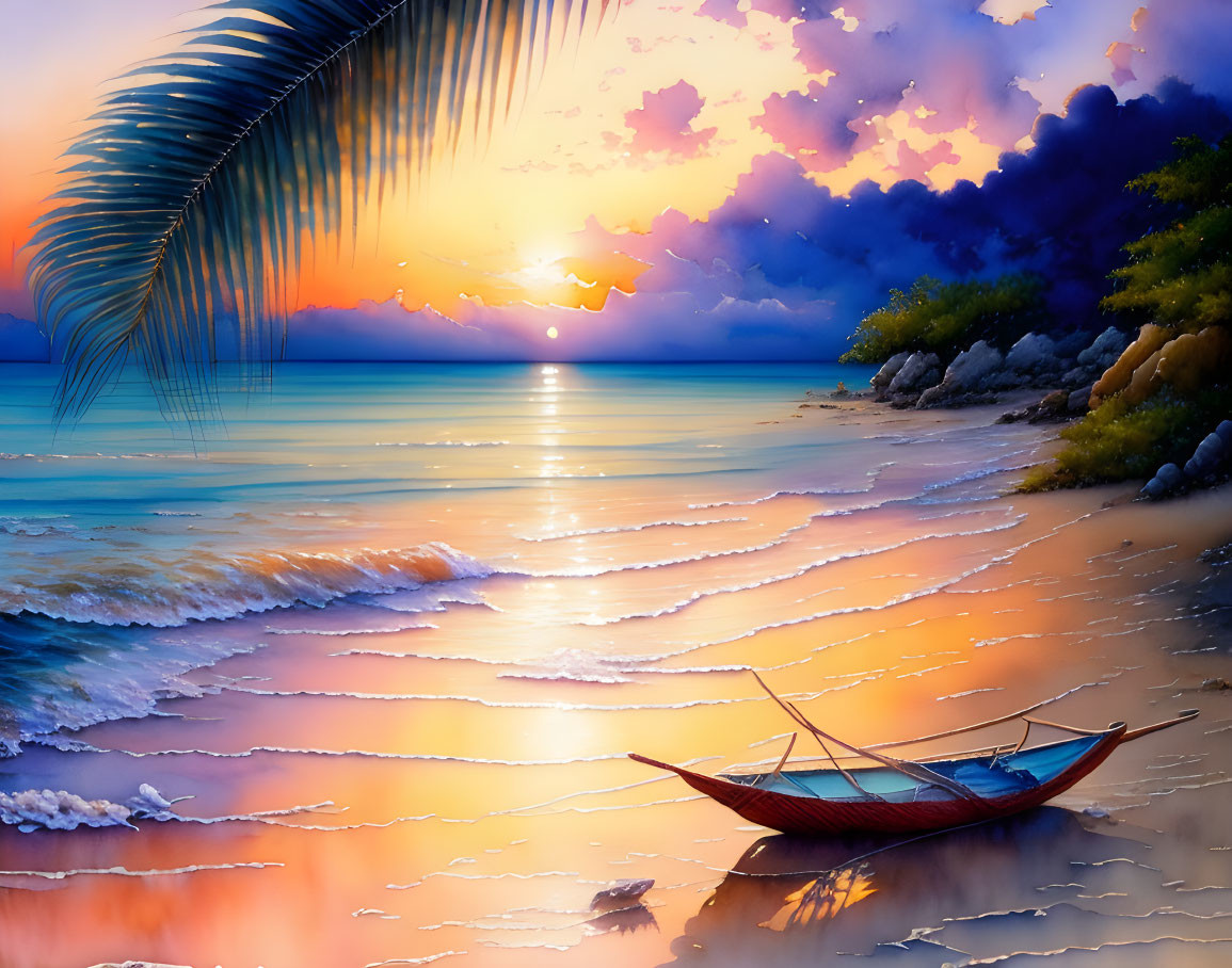 Tranquil sunset beach scene with pastel skies, serene waves, boat, and palm frond