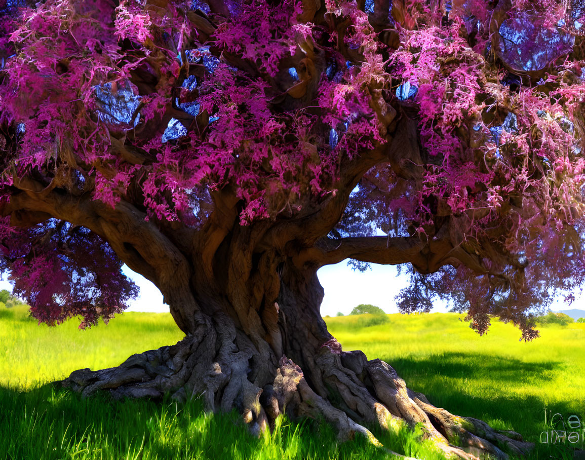 Twisted trunk tree with bright pink leaves in green field