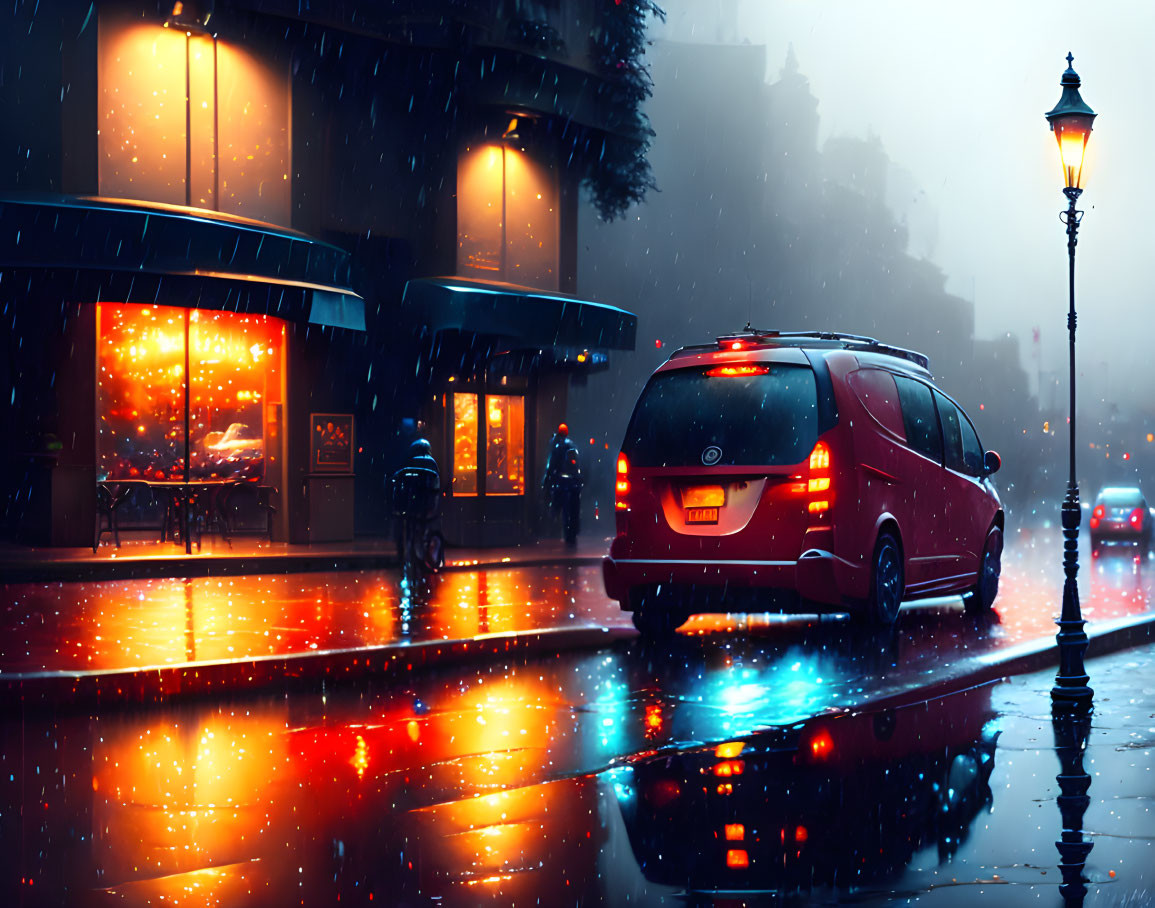 Rainy Evening Street Scene: Red Car, Streetlamp, Cozy Café