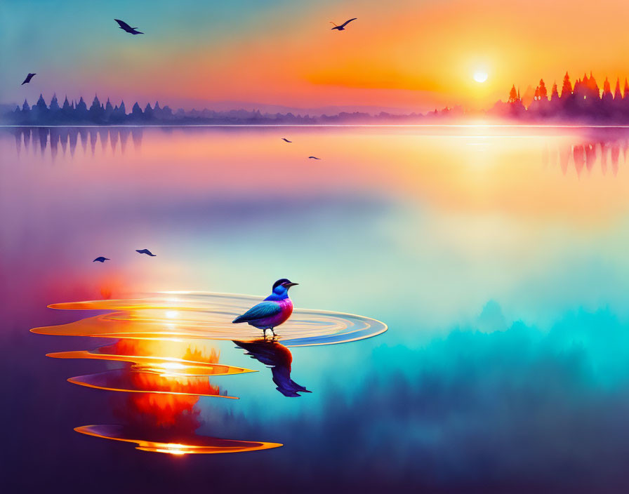 Tranquil sunrise scene with duck on vibrant lake