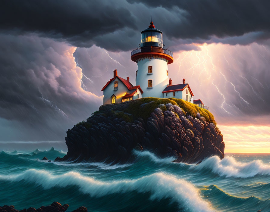 Stormy seascape with lighthouse on rocky isle