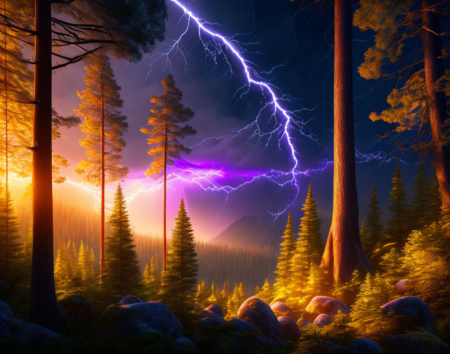 Dramatic forest scene with lightning strike under purple and orange sky