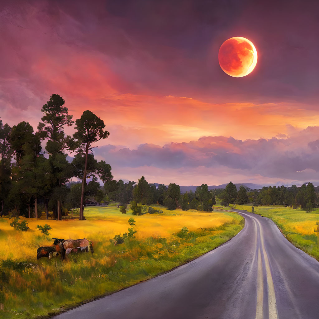 Scenic landscape with meandering road, grazing cattle, and red moon