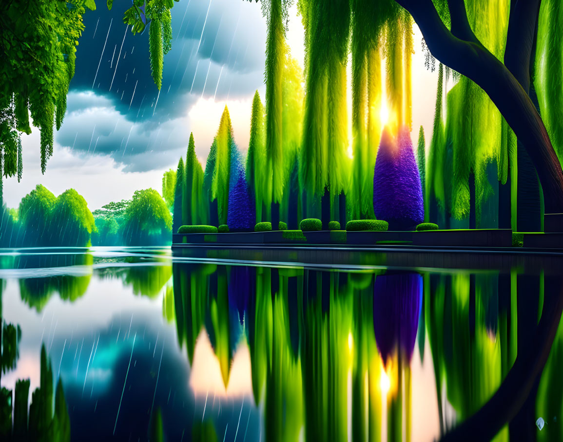 Tranquil digital art landscape of vibrant park and calm lake