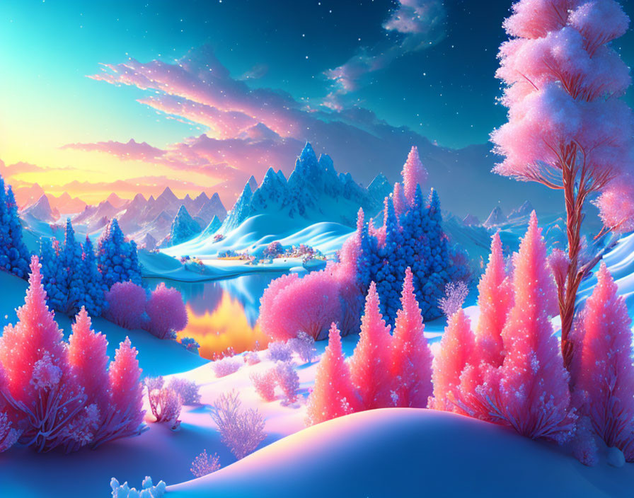 Digital Art: Magical Snowy Landscape with Pink Trees & Village