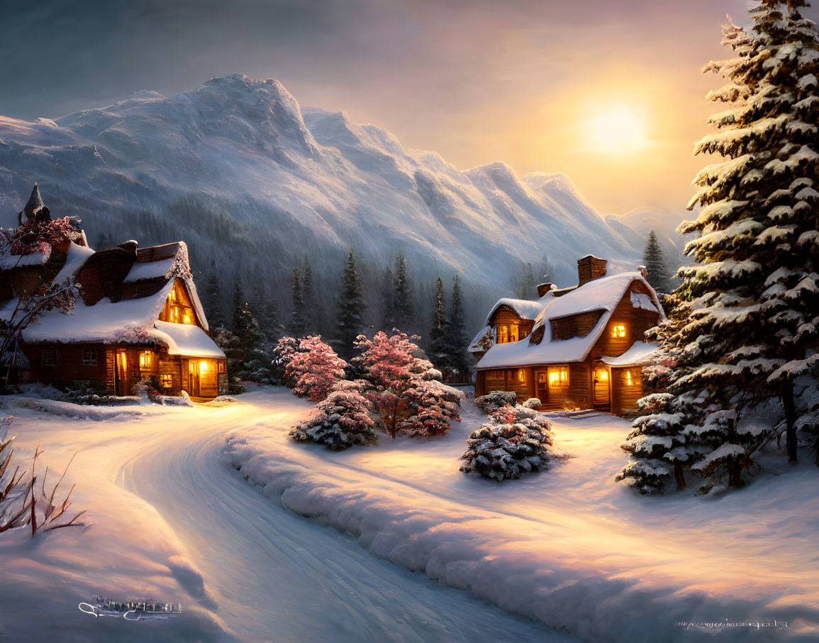 Snow-covered cabin in serene winter landscape at sunset