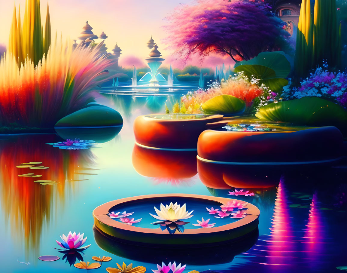 Fantastical garden illustration with luminous plants and lotus flowers