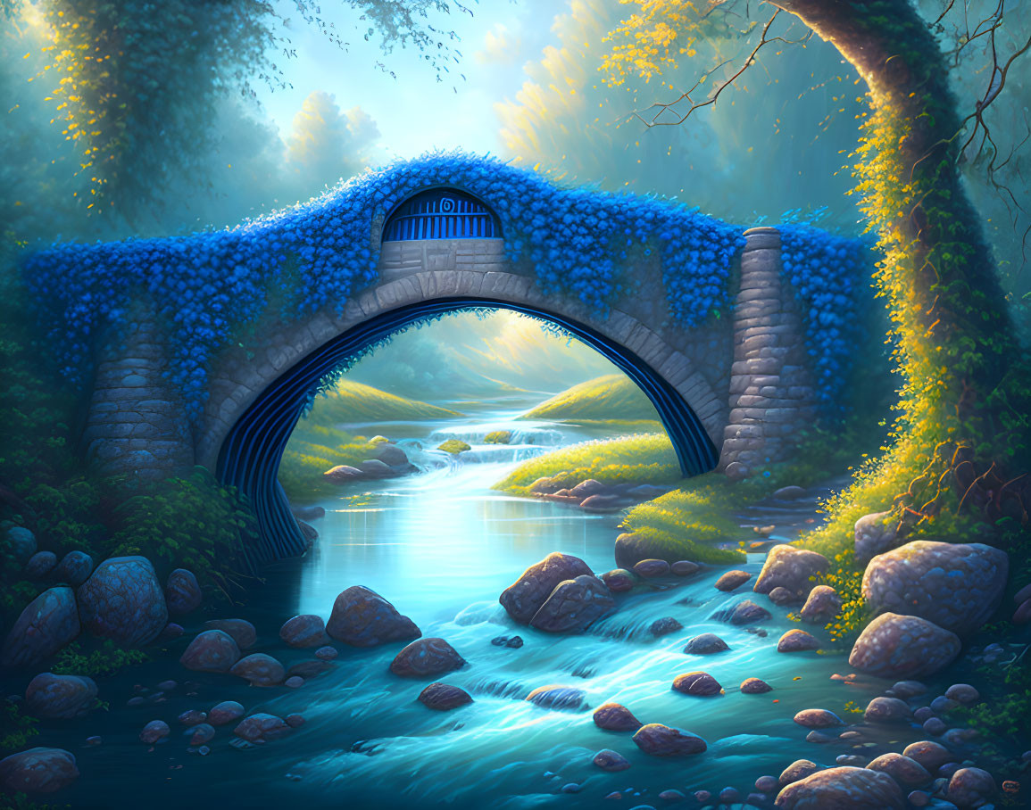 Stone bridge with blue flowers over serene river in mystical forest