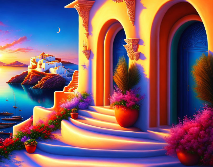 Colorful Coastal Landscape with Staircase, Potted Plants, and Seaside Village at Sunset/S