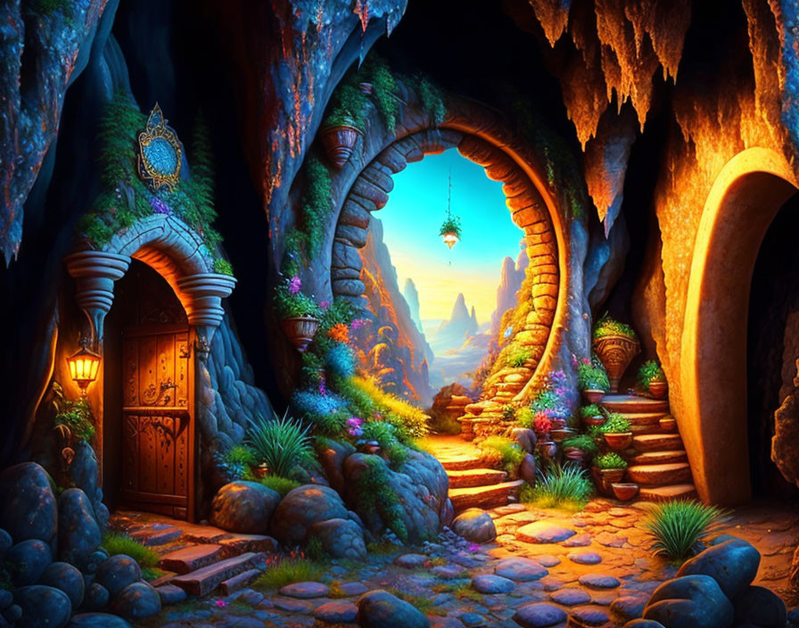 Fantasy Cave Entrance with Wooden Door and Mountains View