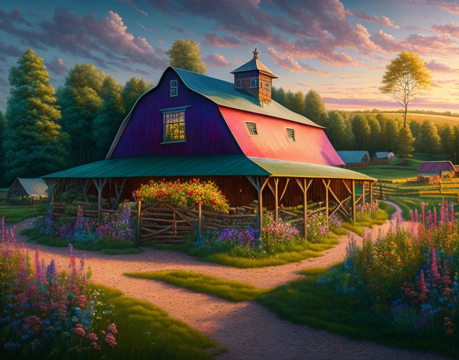 Red barn and vibrant flowers in sunset glow.