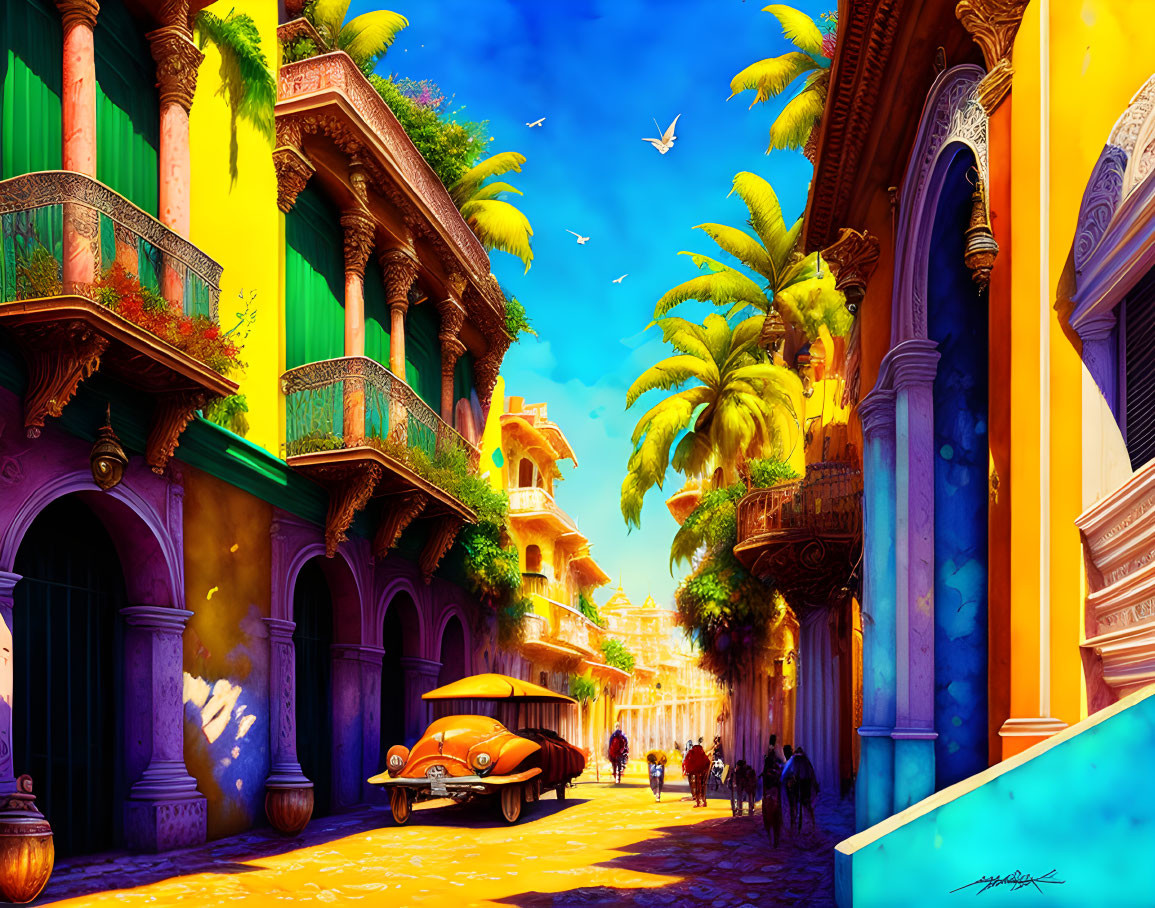 Colorful street scene with classic car, pedestrians, and blue sky.