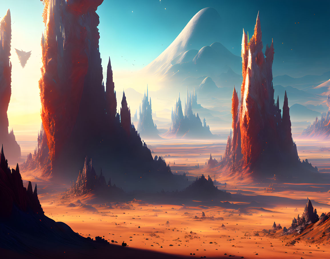 Sci-Fi Landscape: Red Rock Formations, Orange Sky, Planet Background