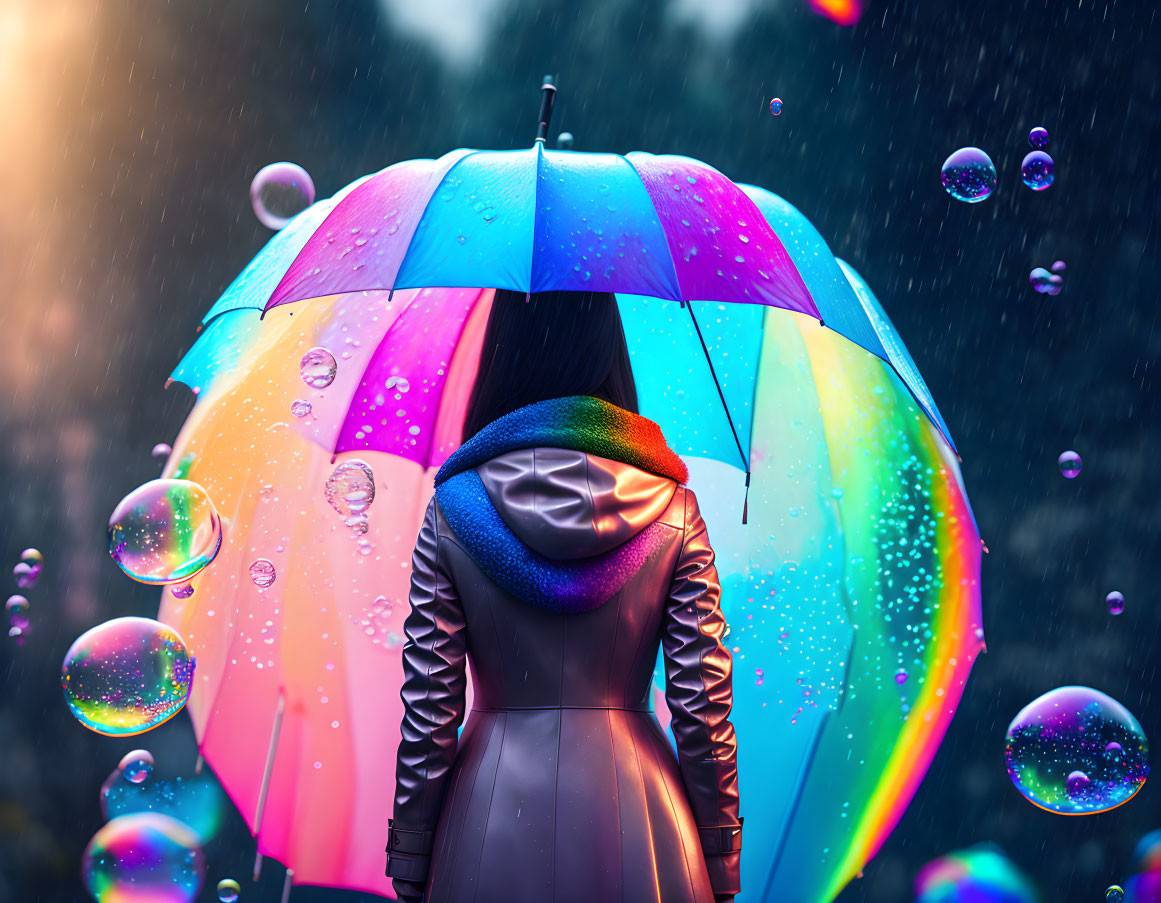 Colorful umbrella held by person in rain with vibrant bubbles