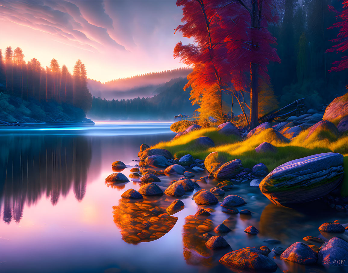 Scenic sunrise over forested lake with autumn trees, rocks, and boat