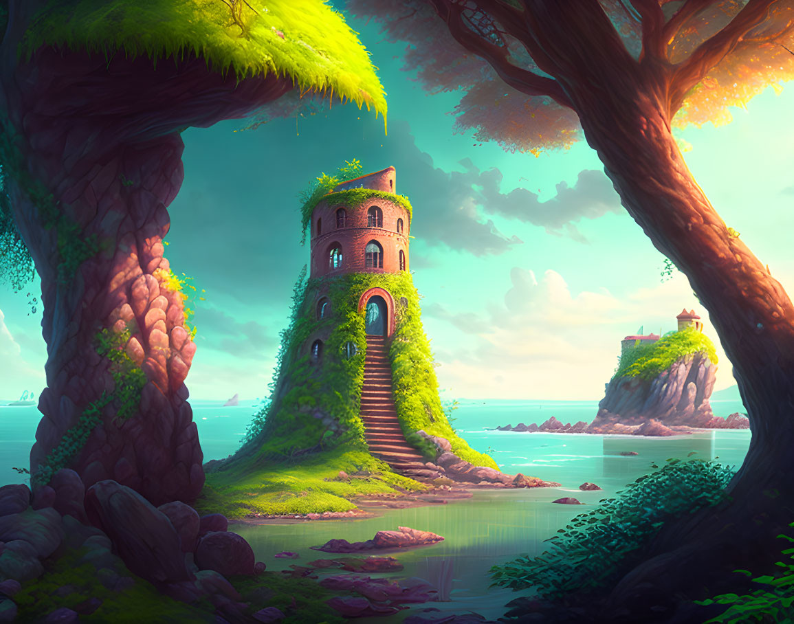 Coastal landscape with ancient tower, lush greenery, and serene ocean