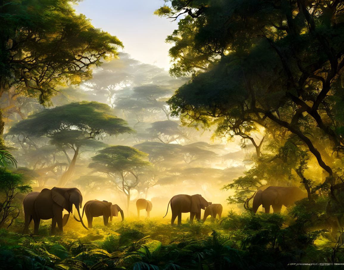 Elephants walking in sunlit forest with rays of light piercing through mist