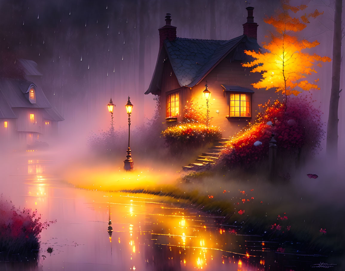 Illuminated cabin on rainy evening with autumn foliage