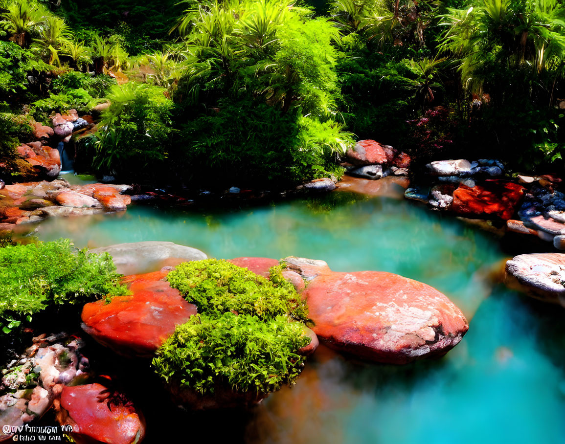 Tranquil Stream with Greenery and Colorful Stones