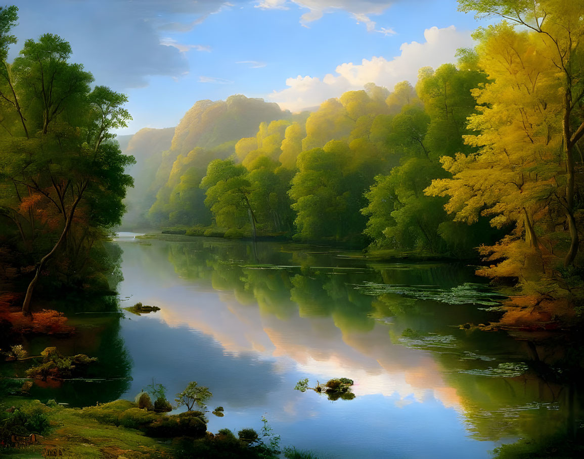 Tranquil river mirrors sunlit trees and glowing sky