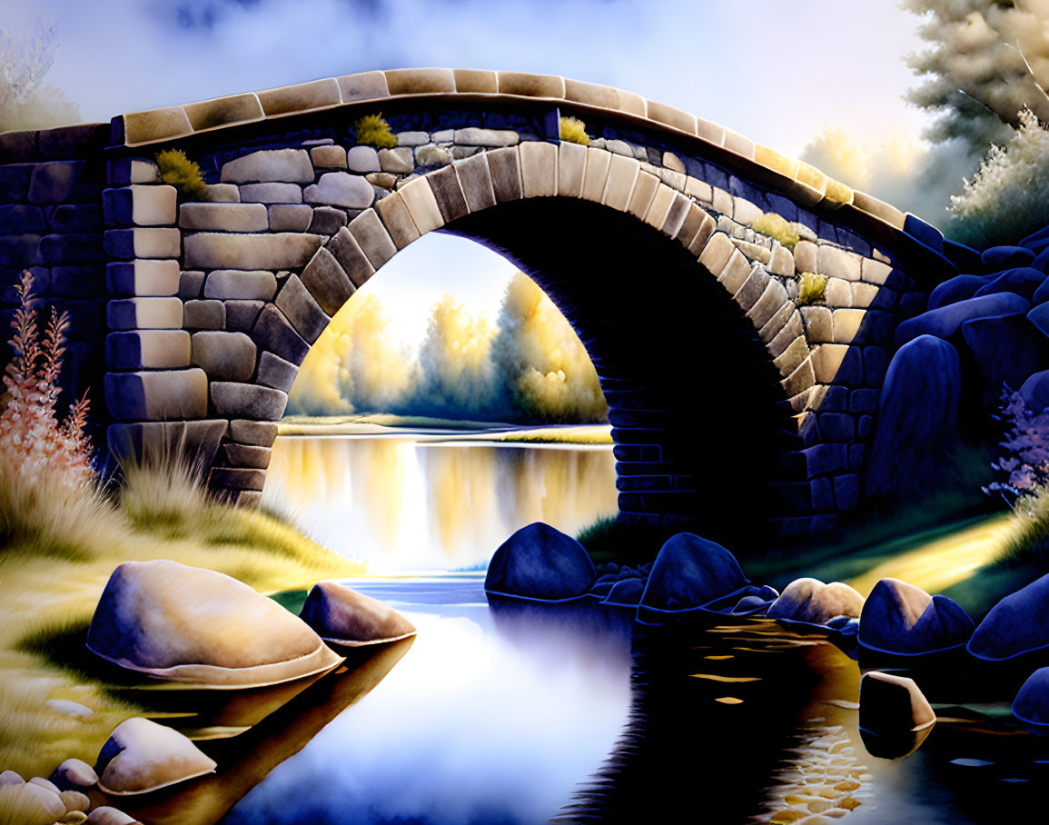 Tranquil river scene with stone bridge & nature reflections